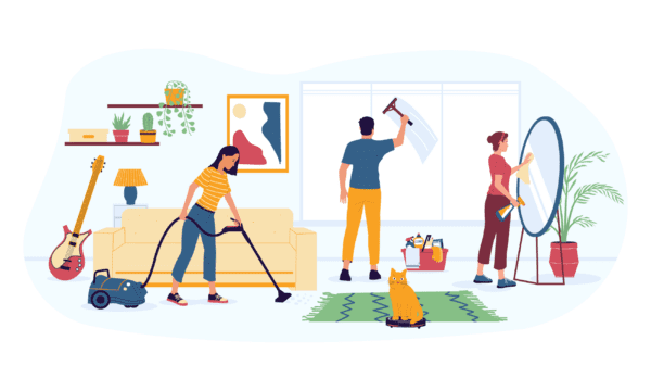 Illustration of customers cleaning their own home who need maid service